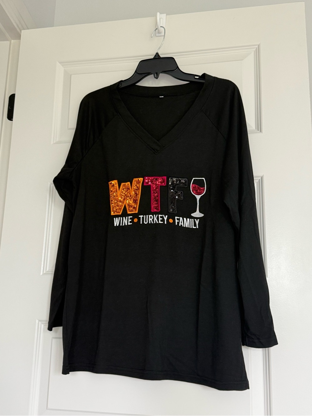 Women's Black V-Neck Long Sleeve Top - Wine Turkey Family Graphic